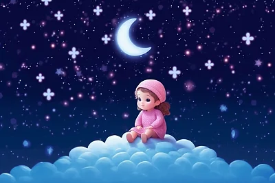 深天蓝浅粉公主风小女孩月亮剪贴画