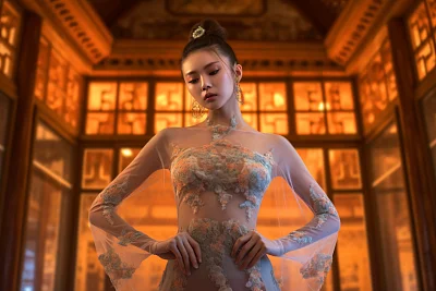 中国宫廷风格透明蕾丝长袍女孩肖像