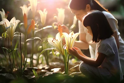 百合花园中母女亲密互动特写