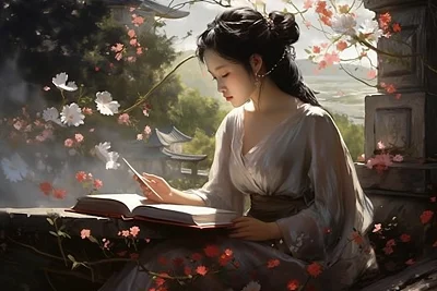 梦幻艺术风中国美女读书肖像