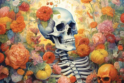 洛可可风格水彩骷髅画