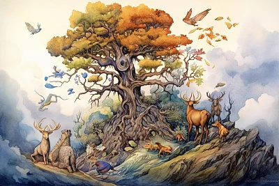 奇幻风格山林水彩画中的神秘生物与自然庆典