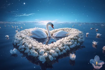 浪漫星空下的心形玫瑰花环与白天鹅