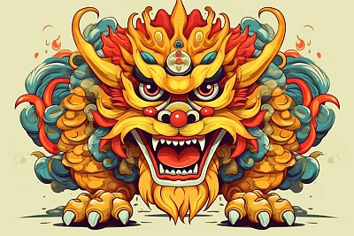传统舞狮中国风格插画