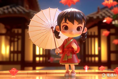 迪士尼风格中国女孩春雨撑伞3D动画