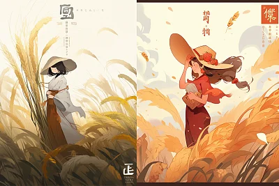 芒种时节中国节气麦田丰收插画营销海报
