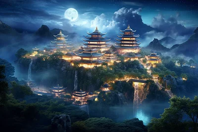 中国宫殿夜景云顶天宫梦幻灯光