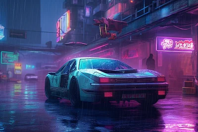 雨天霓虹灯下的紫色蓝色宇宙汽车