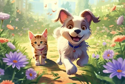 公园小狗追逐可爱猫咪