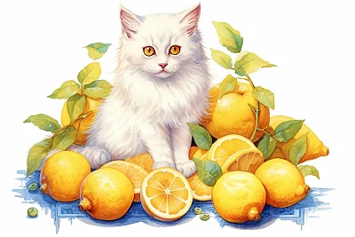 柠檬水彩猫咪插画