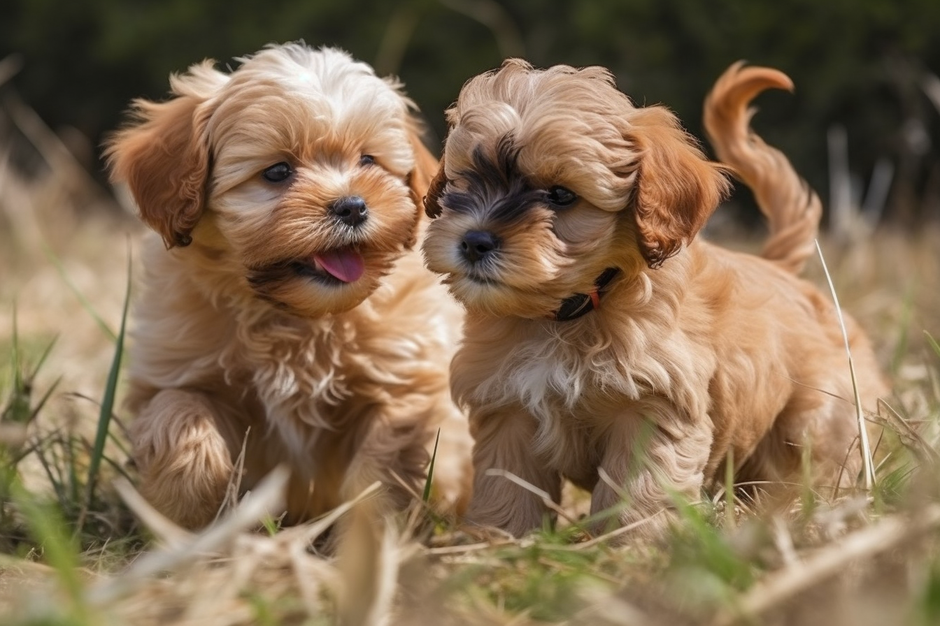 金棕色西施贵宾犬混血小狗玩耍