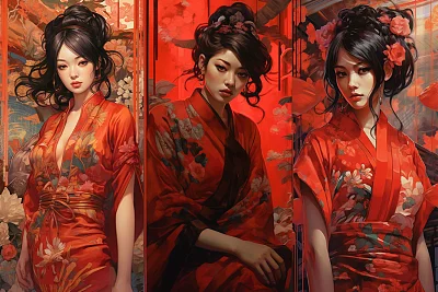 东方艺伎肖像画动漫风格