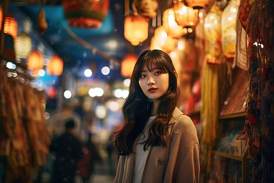 韩国女子夜市探索街头美食