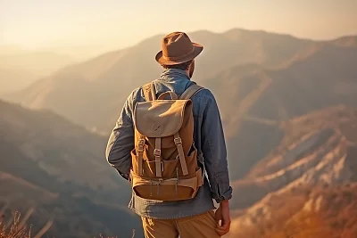年轻男子山间徒步露营的阳光侧影
