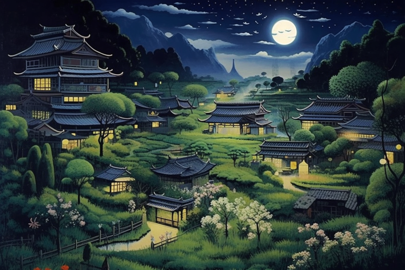 80年代中国乡村月夜风景画