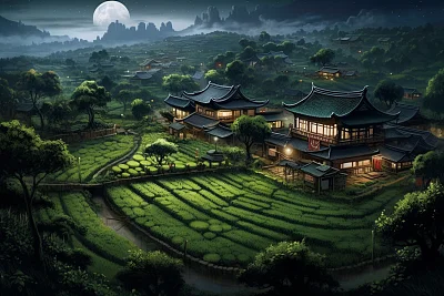 80年代中国乡村月夜艺术画