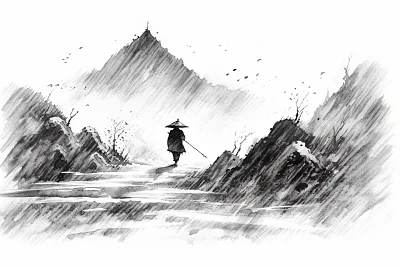 男子山间行走水墨画