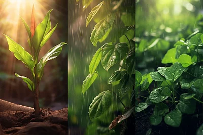 暴雨后阳光穿透树叶的希望象征
