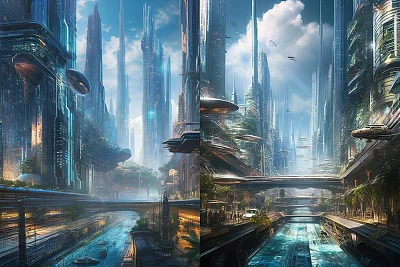 未来主义城市景观摩天大楼与空中车辆