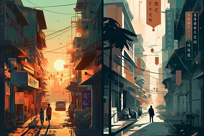 宁波市光影对比插画海报