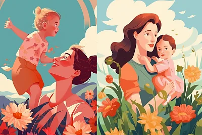 母女节日欢乐时光插画