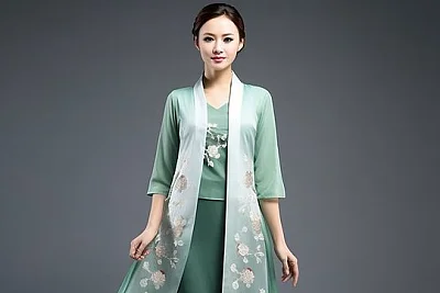 莫兰迪绿夏季中式工笔花卉长裙