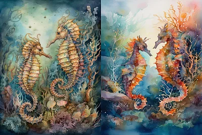 黄昏珊瑚礁海马水彩画