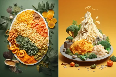 粉末面条与多彩有机食物景观