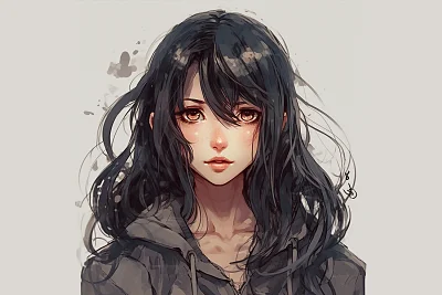 严肃黑发红眼动漫女孩
