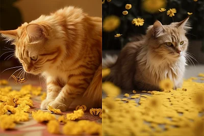 黄色调自然环境中的猫与蝴蝶互动