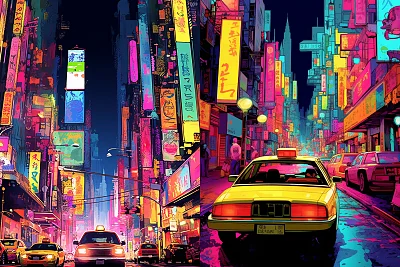 霓虹城市夜景天野喜孝风格