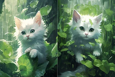 可爱小猫坐树叶中的郁郁葱葱风景