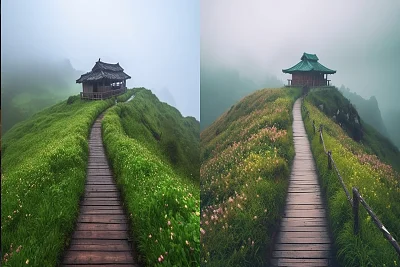 雨天青山绿水木路凉亭