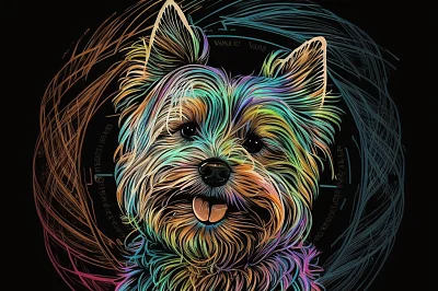 迷幻色彩圆圈中的微笑约克夏梗线画