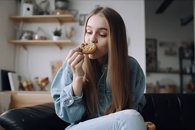 20岁活力女孩吃小饼干全身姿势