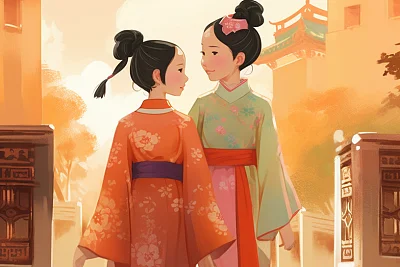 母女穿中式服装在唐代建筑前温馨行走