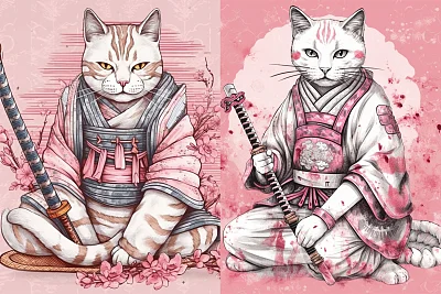 粉色条纹白猫武士盔甲纹身