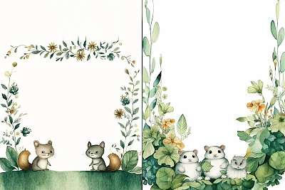 幻想生物与深绿花朵水彩画