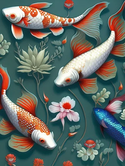 宋代风格锦鲤树叶花朵图案画作