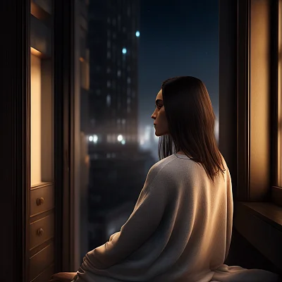 黑发女子窗边夜坐虚幻背景