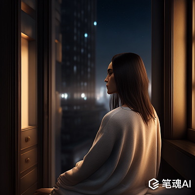 黑发女子窗边夜坐虚幻背景