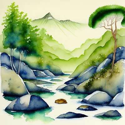 禅意绿色水彩风景画
