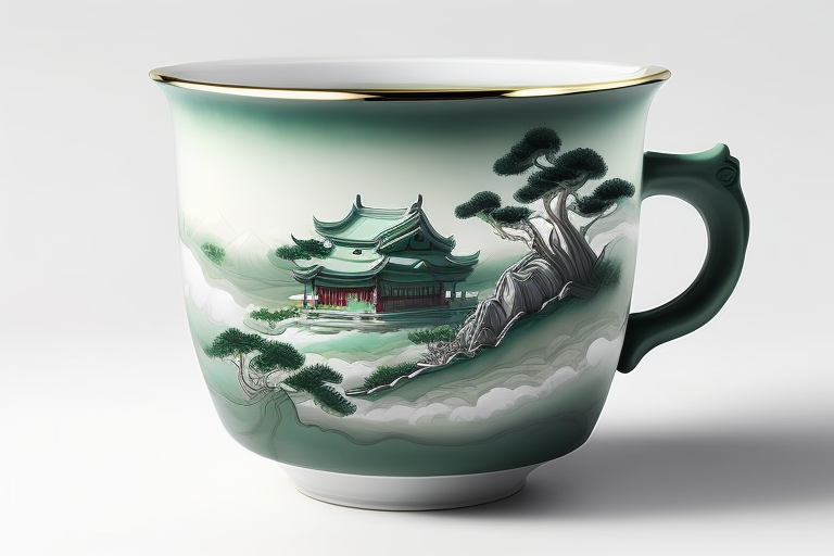 绿色山水茶杯插画