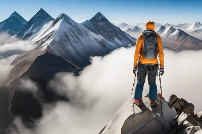登山者珠穆朗峰顶胜利俯瞰壮丽景色