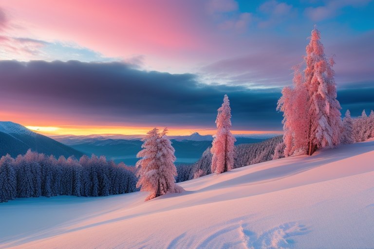 冬日清晨山丘白雪覆盖的日出风景