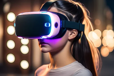 夜幕下城市中的小女孩体验VR与AR技术