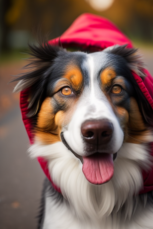 樱桃红色连帽衫微笑澳大利亚牧羊犬