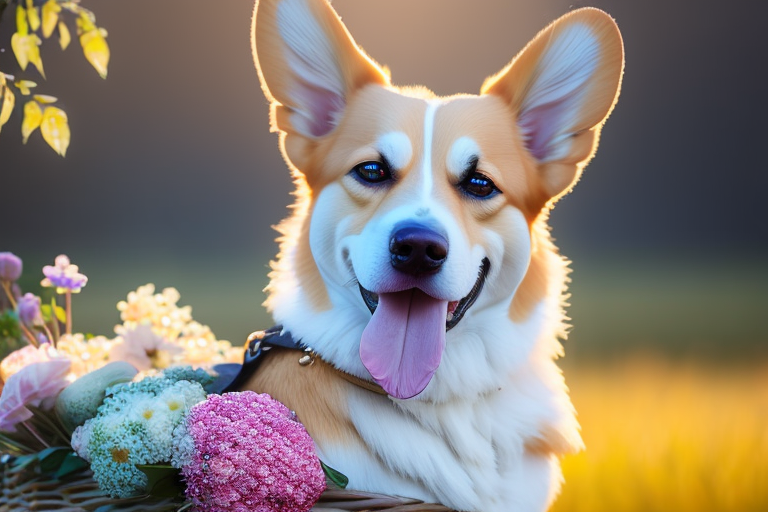 黎明时分阳光下的柯基犬捧花肖像