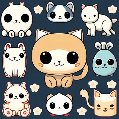 卡哇伊动物图标凹版印刷插画