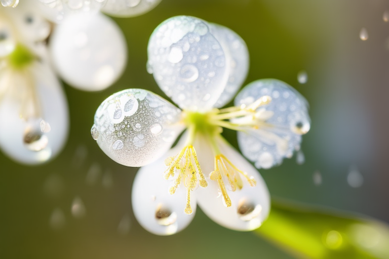 清晨阳光下的娇嫩白色苹果花与晨露